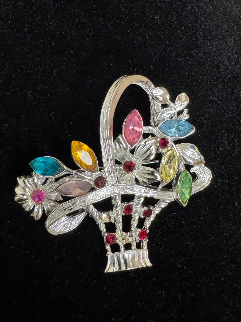 Silver-tone Multi-Color Floral Basket Brooch - Unbranded